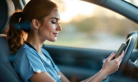 Infirmière libérale dans sa voiture, consultant une application de comptabilité sur smartphone entre deux visites.