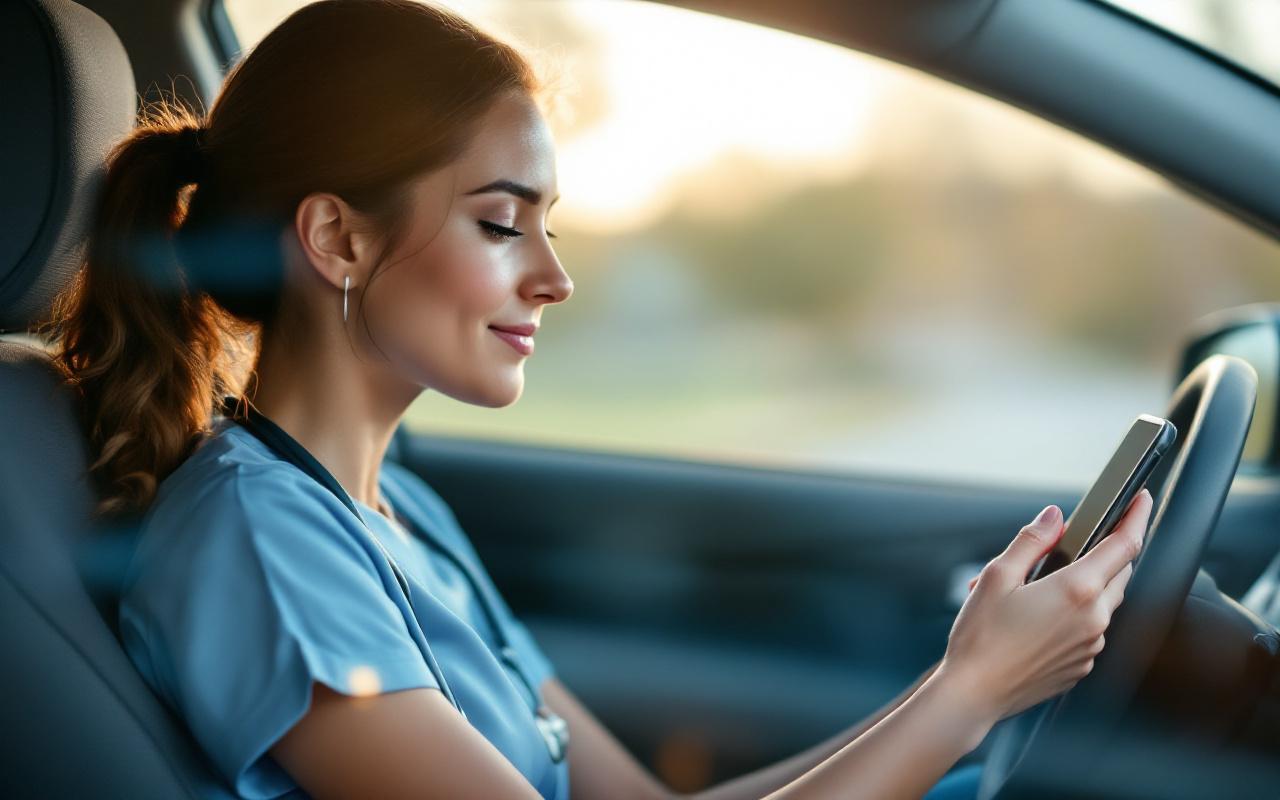 Infirmière libérale dans sa voiture, consultant une application de comptabilité sur smartphone entre deux visites.