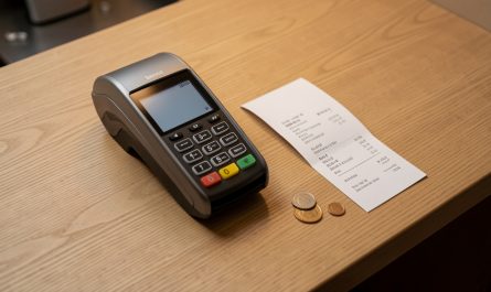 Illustration réaliste d’un restaurant avec un terminal de paiement sur un comptoir en bois, une note pliée et quelques pièces, ambiance professionnelle sobre et chaleureuse.