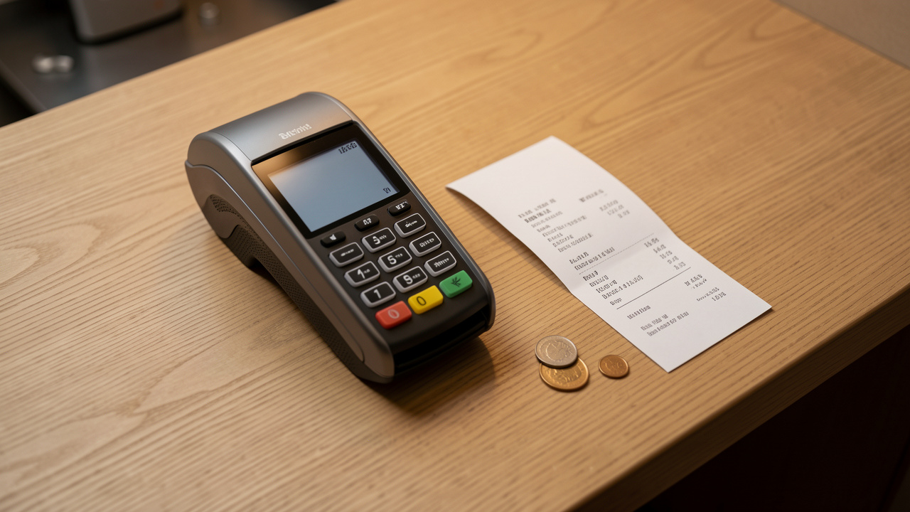 Illustration réaliste d’un restaurant avec un terminal de paiement sur un comptoir en bois, une note pliée et quelques pièces, ambiance professionnelle sobre et chaleureuse.
