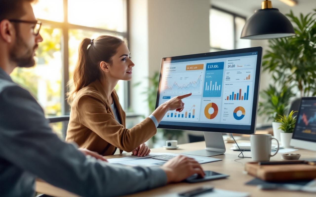 Une femme responsable des ressources humaines et un homme analyste financier examinent des données de coûts de déplacements professionnels sur un tableau de bord dans un bureau moderne.