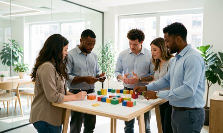 Une équipe diverse composée de deux femmes et deux hommes échange autour d’un tableau de planification moderne dans un bureau lumineux.