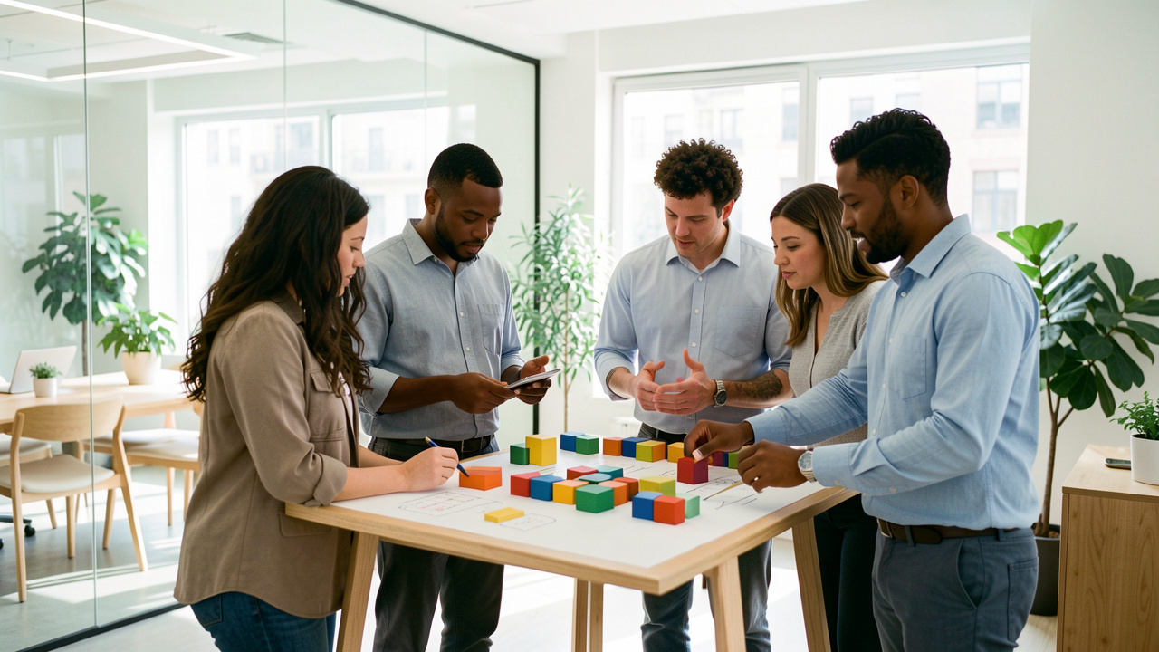 Une équipe diverse composée de deux femmes et deux hommes échange autour d’un tableau de planification moderne dans un bureau lumineux.