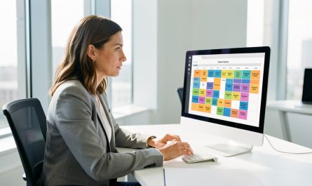 Une femme responsable des ressources humaines analyse un planning visuel d’équipe sur un ordinateur dans un bureau moderne et lumineux.