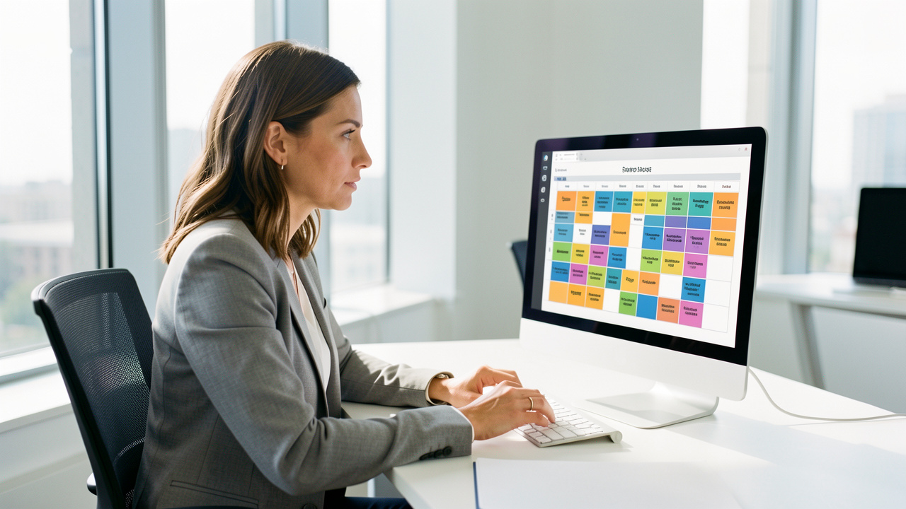 Une femme responsable des ressources humaines analyse un planning visuel d’équipe sur un ordinateur dans un bureau moderne et lumineux.