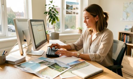 Une conseillère en voyages prépare un itinéraire personnalisé devant un ordinateur, entourée de cartes, d’un carnet et de brochures vierges dans une agence lumineuse.