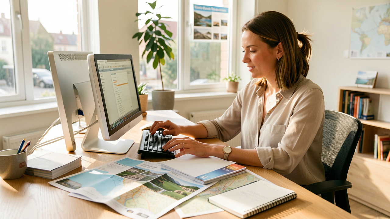 Une conseillère en voyages prépare un itinéraire personnalisé devant un ordinateur, entourée de cartes, d’un carnet et de brochures vierges dans une agence lumineuse.