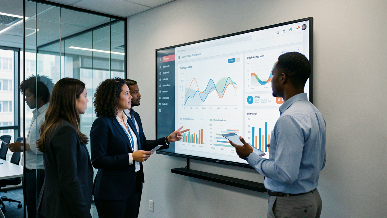 Équipe mixte de collaborateurs analysant ensemble un tableau de bord de performance sur un grand écran dans un bureau moderne et professionnel.