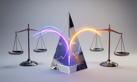 Trois flux lumineux colorés convergent vers un prisme analytique et une balance, symbolisant la comparaison de la rentabilité de la publicité en ligne sur trois canaux.