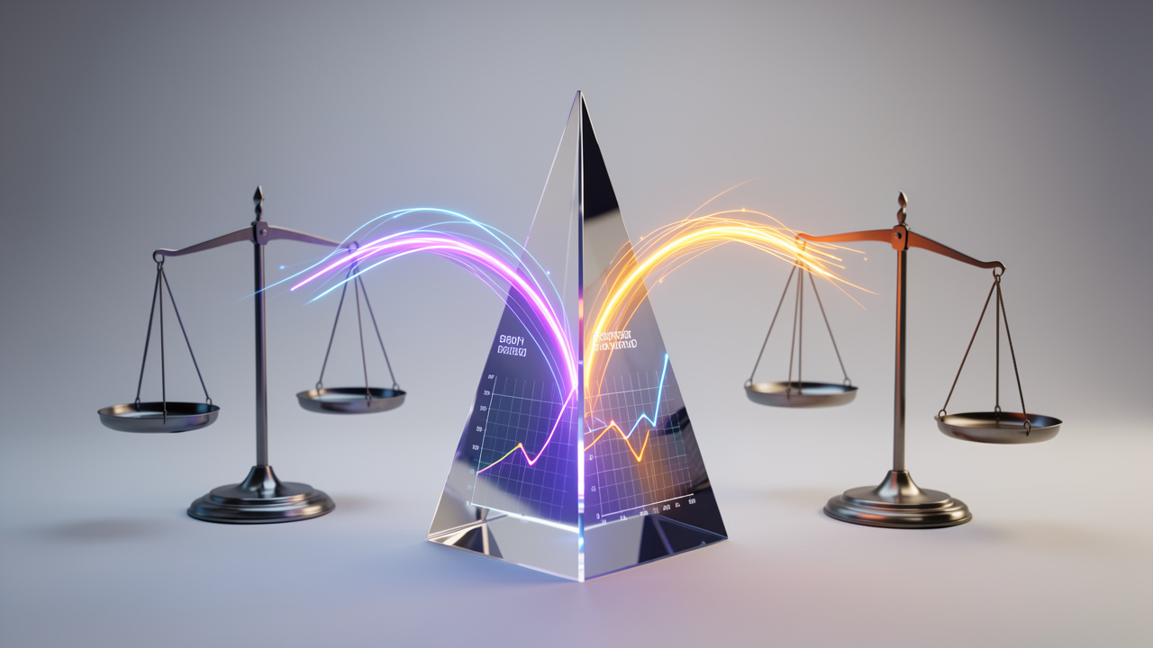 Trois flux lumineux colorés convergent vers un prisme analytique et une balance, symbolisant la comparaison de la rentabilité de la publicité en ligne sur trois canaux.