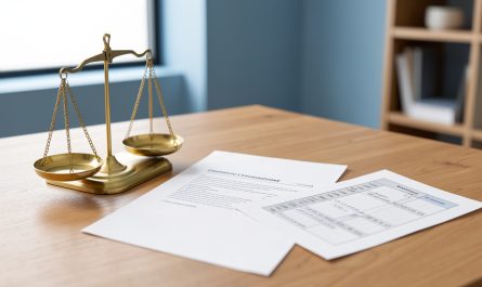 Balance symbolisant la transparence salariale et l’équité interne à côté d’un document d’offre d’emploi vierge dans un bureau moderne.