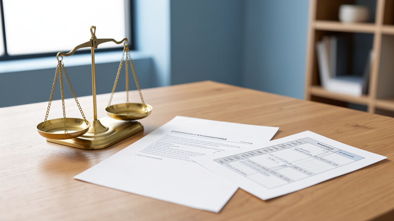 Balance symbolisant la transparence salariale et l’équité interne à côté d’un document d’offre d’emploi vierge dans un bureau moderne.