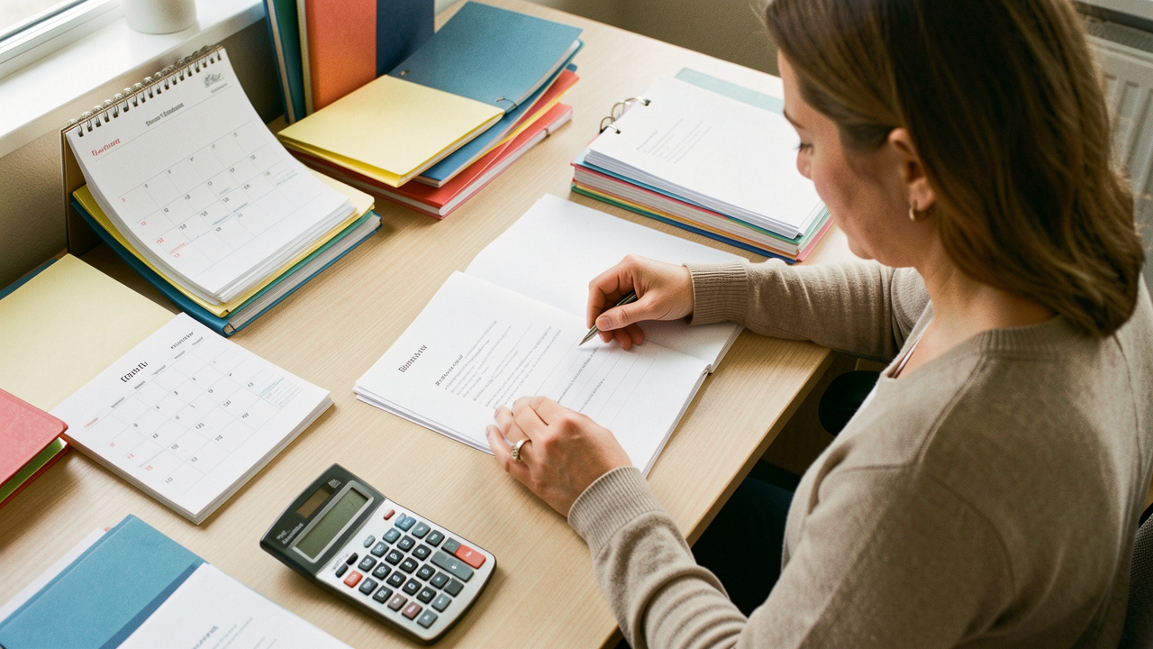 Une entrepreneuse organise sur son bureau des dossiers colorés, des feuilles de devis vierges, un calendrier et une calculatrice pour suivre ses prospects.