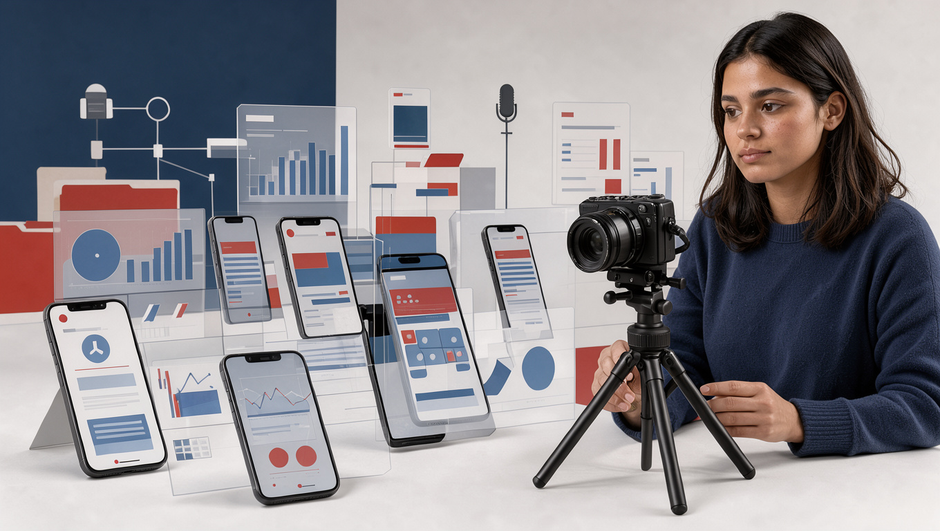 Illustration éditoriale réaliste montrant des smartphones, une créatrice vidéo et des tableaux de données abstraits dans une ambiance politique américaine sobre.