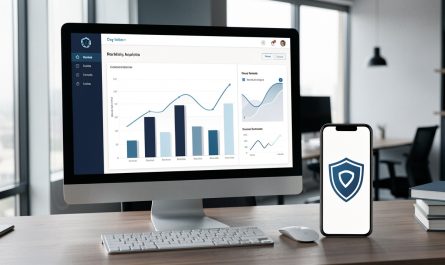 Ordinateur affichant un tableau de bord marketing aux graphiques abstraits, avec un smartphone présentant une icône de protection de la vie privée dans un bureau sobre.