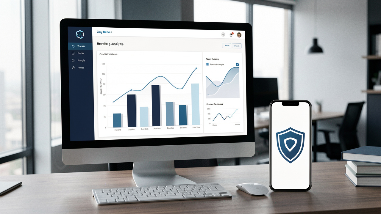 Ordinateur affichant un tableau de bord marketing aux graphiques abstraits, avec un smartphone présentant une icône de protection de la vie privée dans un bureau sobre.